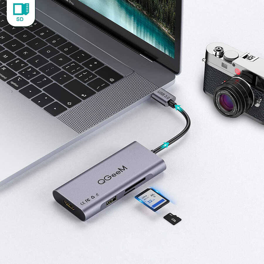 Qgeem QG-UH07-A Type-C Çoğaltıcı ve Dönüştürücü Hub Usb 3.0 HDMI 4K SD Kart 85W 5120Mbps - 8