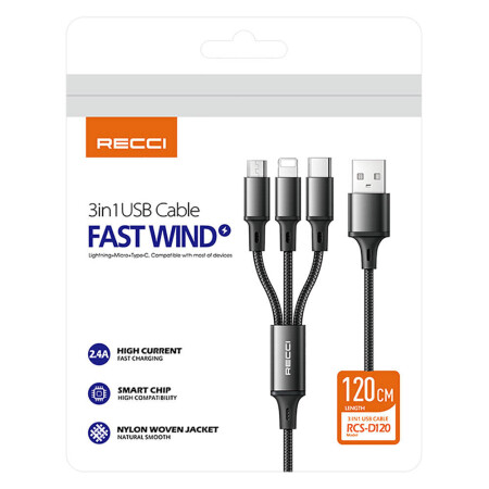 Recci RCS-D120 Fast Wind Serisi 3in1 USB-A to Lightning – Type-C – Micro Şarj ve Data Kablosu 1.2M - 11