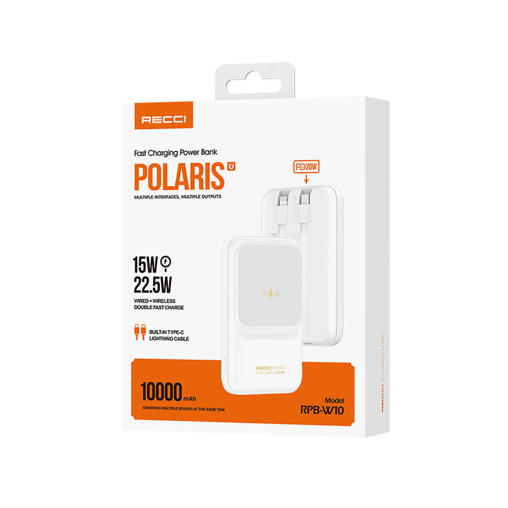 Recci RPB-W10 Polaris Serisi Çift Kablolu LED Dijital Göstergeli Wireless Powerbank 15W 10000mAh - 12