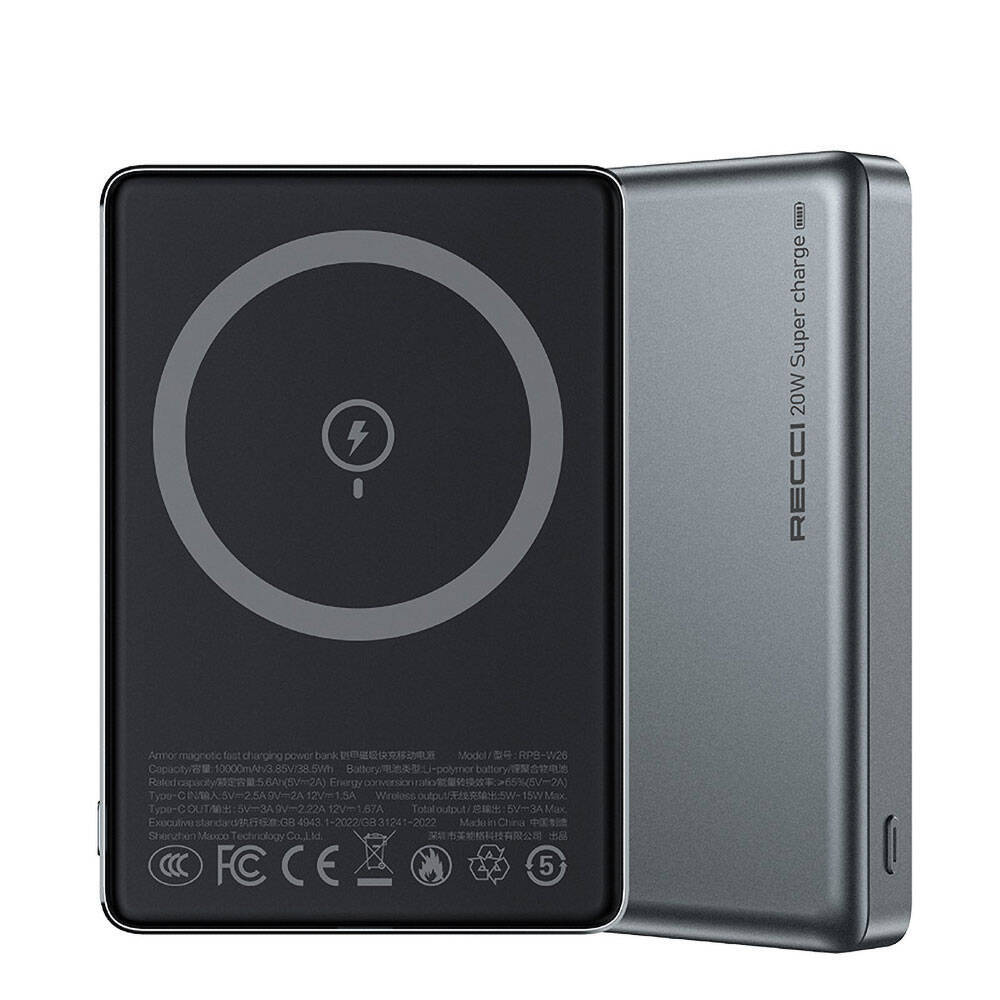 Recci RPB-W26 Armor Serisi Ultra İnce PD 20W Hızlı Şarj Özellikli Wireless Powerbank 15W 10000mAh - 1