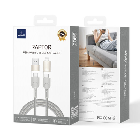 Wiwu 4in1 Raptor Serisi Çoklu USB-A + Type-C to Type-C + Lightning Şarj ve Data Kablosu 60W 200cm - 4