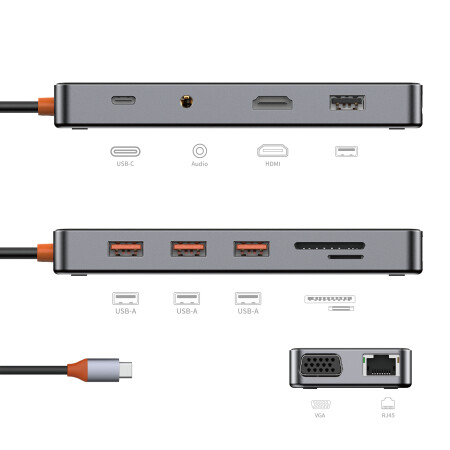 Wiwu CB011 Cyber 11 in 1 Type-C Hub 100W Şarj Destekli Şeffaf Görünümlü SD Kart-RJ45-Hdmi-VGA-Usb Çoğaltıcı - 3