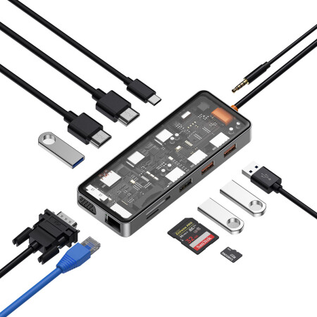 Wiwu CB012 Cyber 12 in 1 Type-C Hub 100W Şarj Destekli Şeffaf Görünümlü SD Kart-RJ45-Hdmi-VGA-Usb Çoğaltıcı - 1