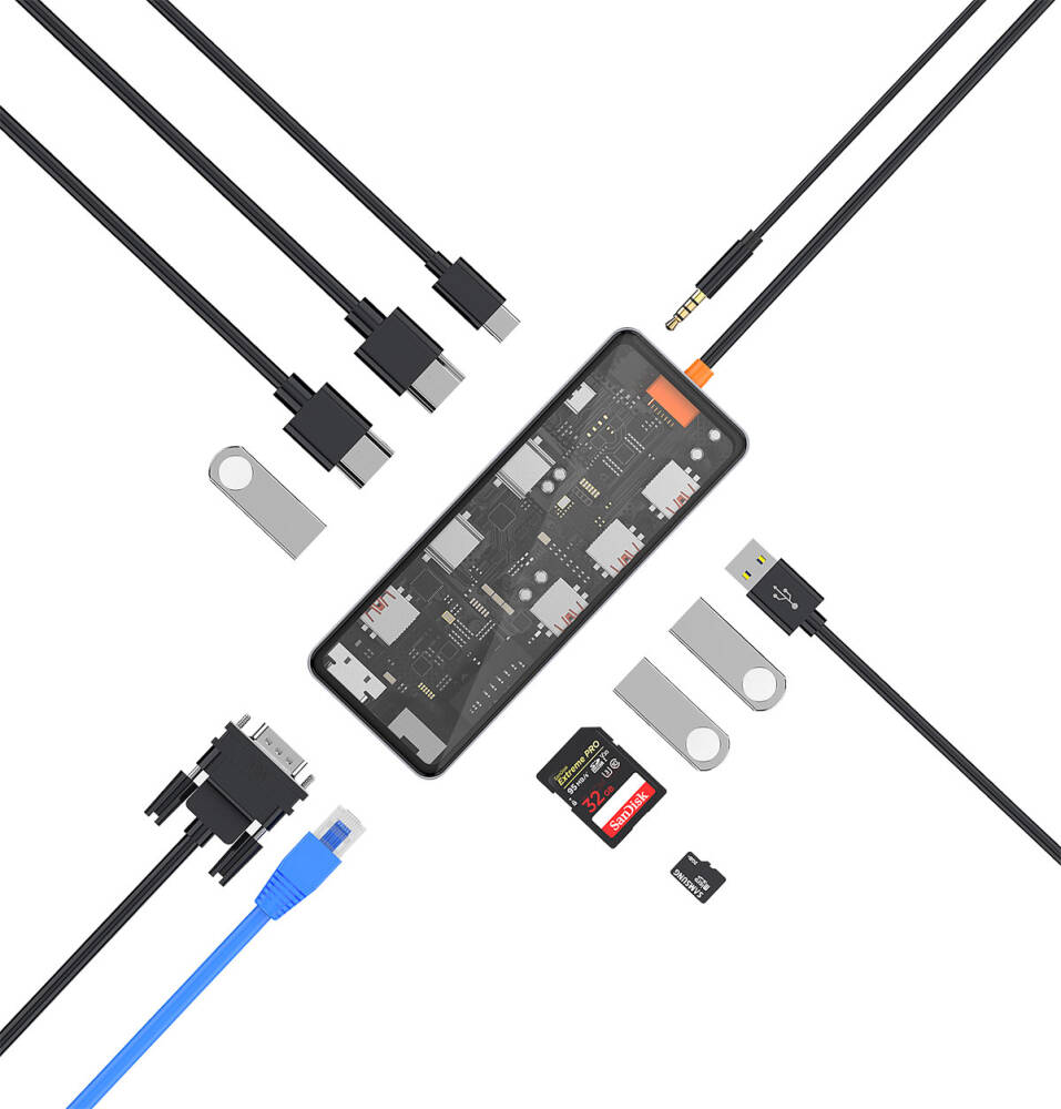 Wiwu CB012 Cyber 12 in 1 Type-C Hub 100W Şarj Destekli Şeffaf Görünümlü SD Kart-RJ45-Hdmi-VGA-Usb Çoğaltıcı - 2