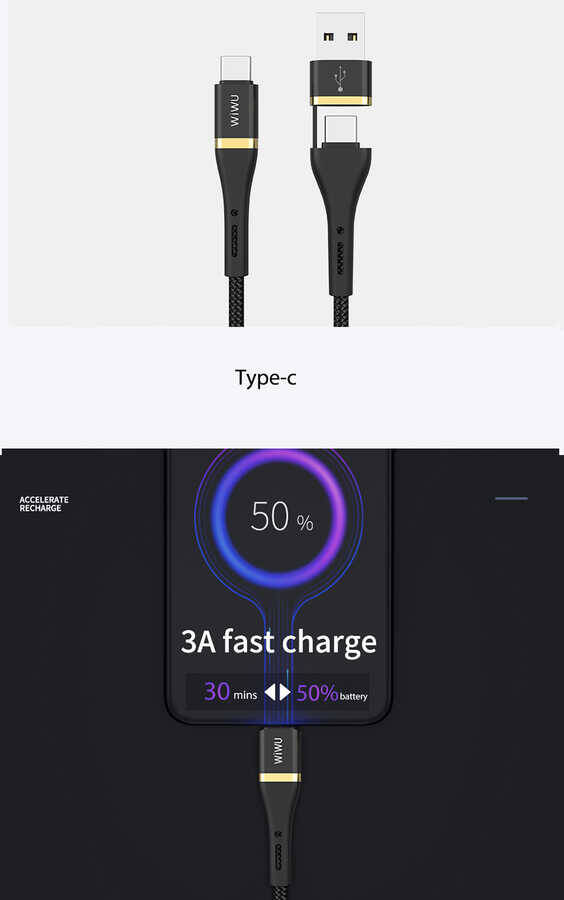 Wiwu ED-106 2 in 1 USB A- Type-C to Type-C Elite Data Kablo - 5