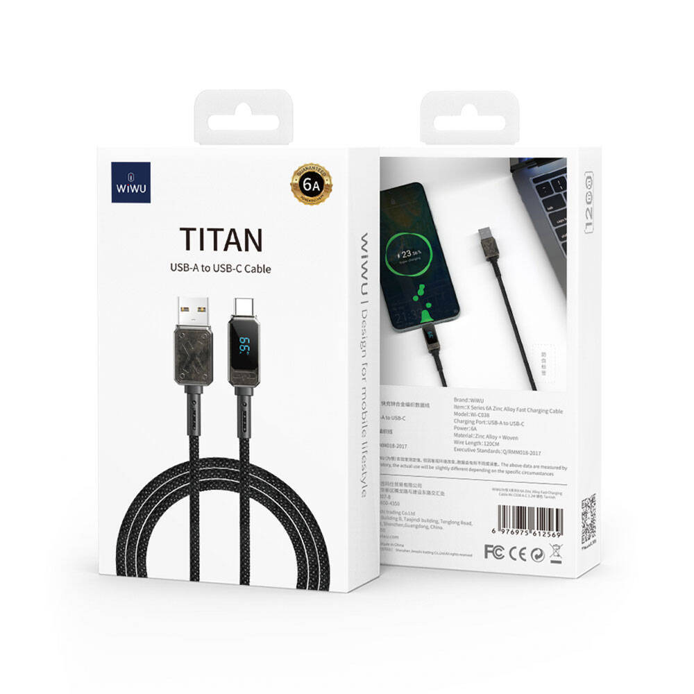 Wiwu Wi-C038 Titan Serisi USB-A to Type-C PD 6A 66W LED Dijital Göstergeli Şarj ve Data Kablosu 1.2M - 8