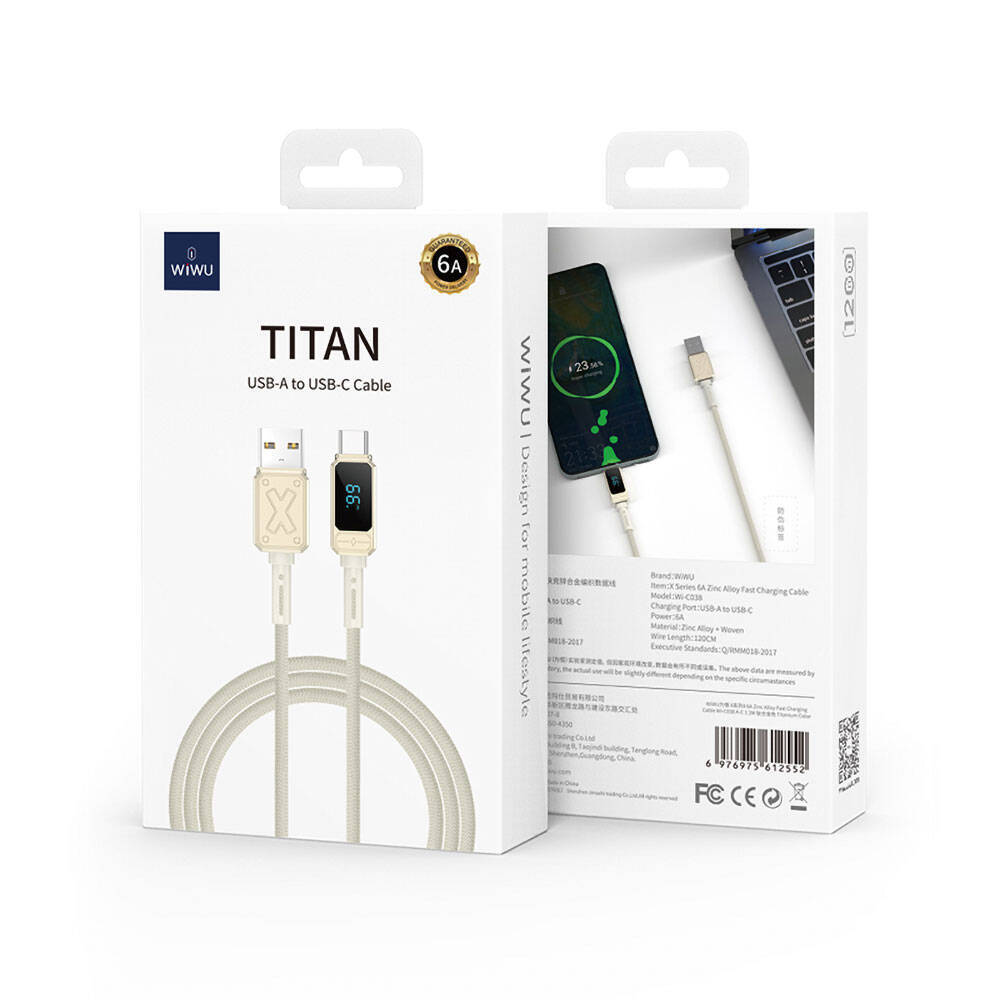 Wiwu Wi-C038 Titan Serisi USB-A to Type-C PD 6A 66W LED Dijital Göstergeli Şarj ve Data Kablosu 1.2M - 9