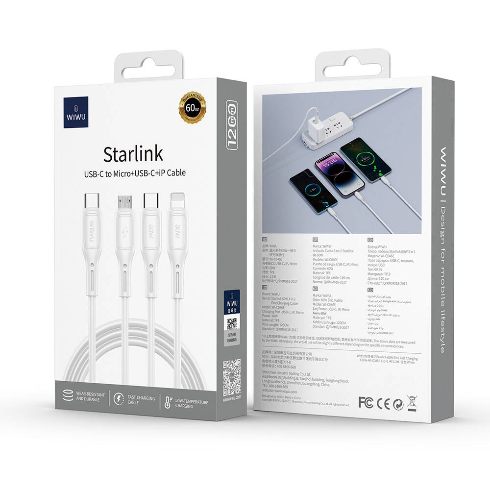 Wiwu Wi-C046E Starlink Serisi 3in1 USB-A to Lightning – Type-C – Micro Şarj ve Data Kablosu 60W 1.2M - 4