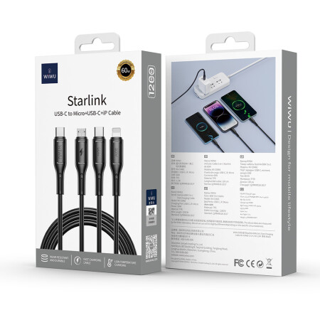 Wiwu Wi-C046E Starlink Serisi 3in1 USB-A to Lightning – Type-C – Micro Şarj ve Data Kablosu 60W 1.2M - 7