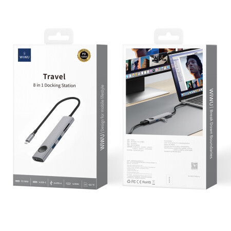 Wiwu Wi-HB8001 Travel Serisi 8in1 HDMI (4K60Hz) Girişli 100W PD Type-C Hub Bağlantı İstasyonu - 6