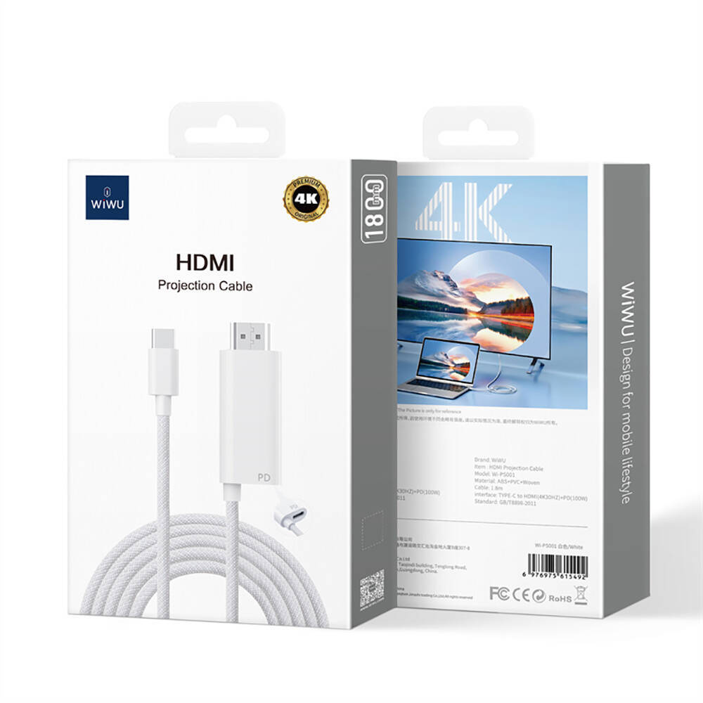 Wiwu Wi-PS001 Type-C to HDMI (4K60Hz) PD Şarj ve Projeksiyon Kablosu 1.8M - 8